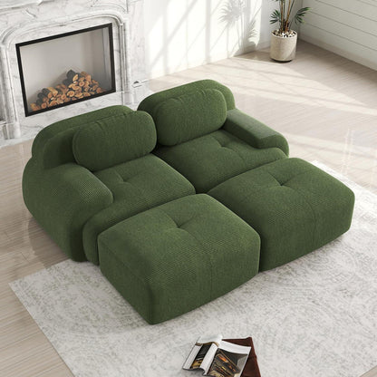 Modulares 2-Sitzer Cord Sofa mit Ottomane – Grün