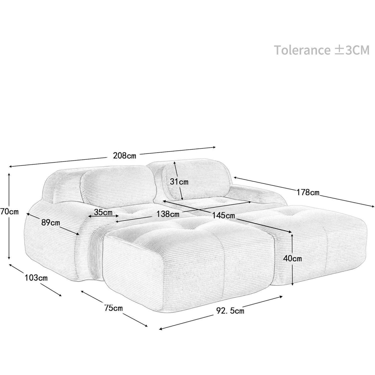 Modulares 2-Sitzer Cord Sofa mit Ottomane – Grün