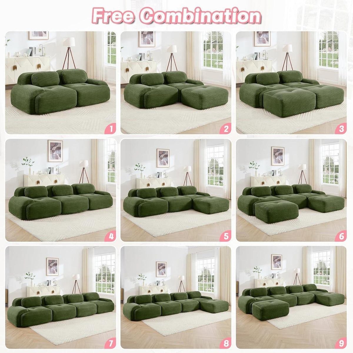 Modulares 2-Sitzer Cord Sofa mit Ottomane – Grün