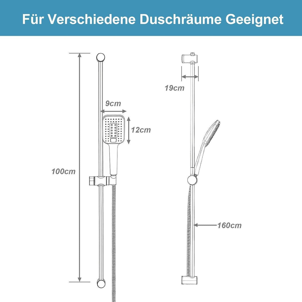 OFFO Duschset Chrom, 3 Strahlarten, 100cm Duschstange