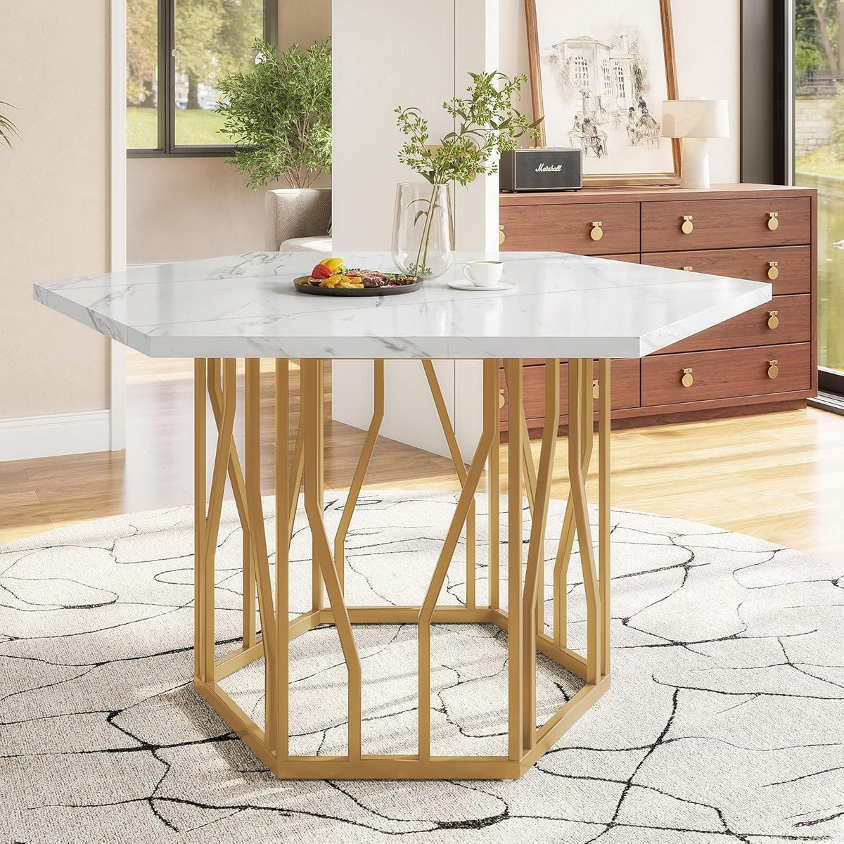 Sechseckiger Esstisch Set Grau & Gold – 5-teilig, 115x100cm