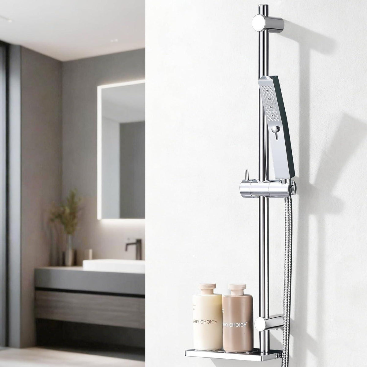 Verstellbare Duschstange 70cm Chrom mit Ablage & höhenverstellbarem Gleiter