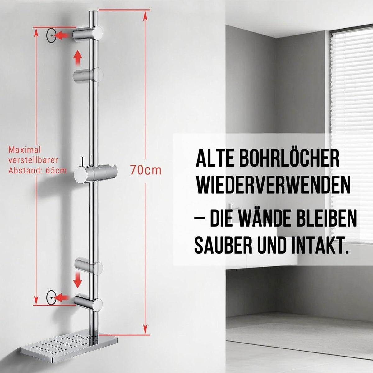 Verstellbare Duschstange 70cm Chrom mit Ablage & höhenverstellbarem Gleiter