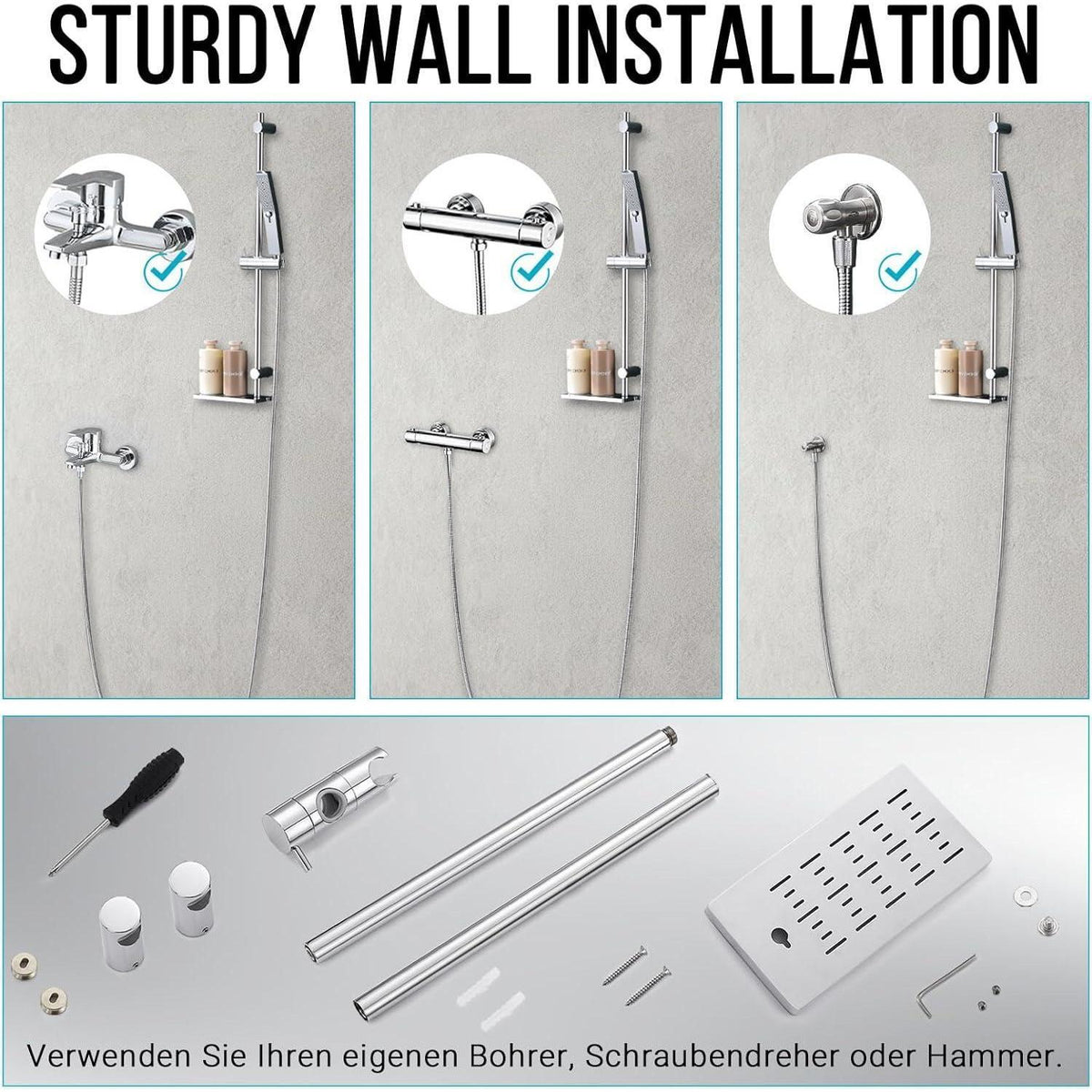 Verstellbare Duschstange 70cm Chrom mit Ablage & höhenverstellbarem Gleiter
