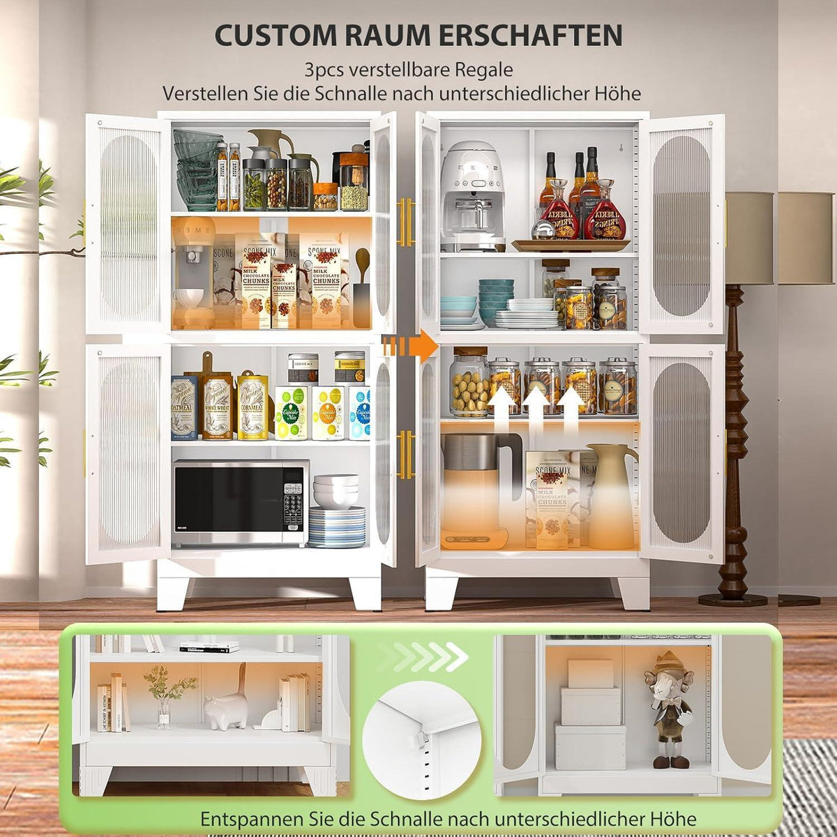 Metallküche Speisekammer Schrank mit Acrylglas & Regalen (Weiß)