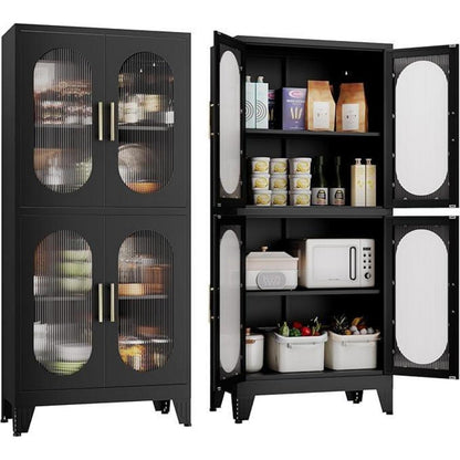 Metallküche Speisekammer Schrank mit Acrylglas & Regalen (Schwarz)