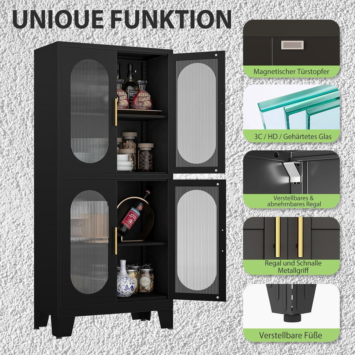 Metallküche Speisekammer Schrank mit Acrylglas & Regalen (Schwarz)