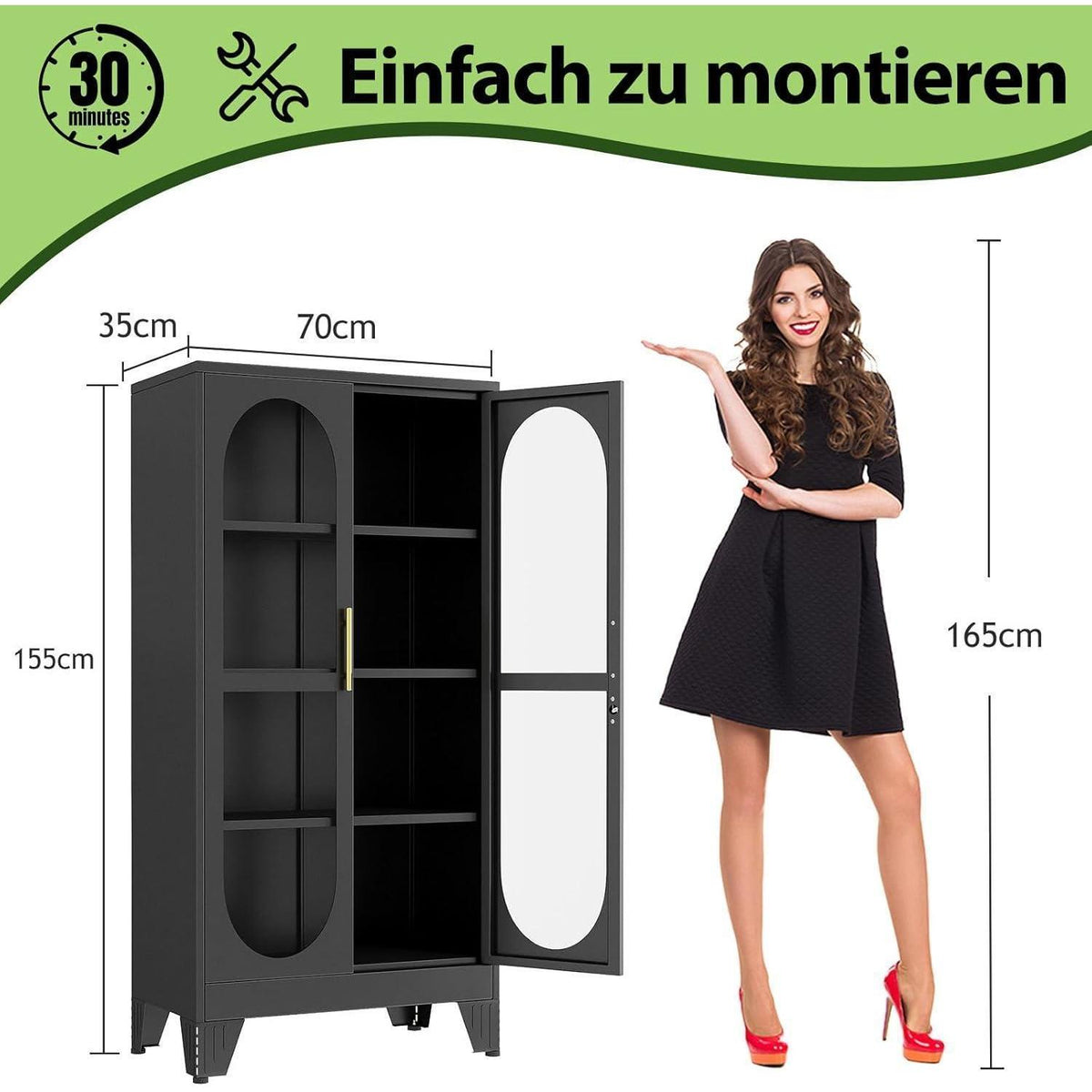 Schließbarer Vitrinen-Schrank 155cm – Glastür & 3 Regale
