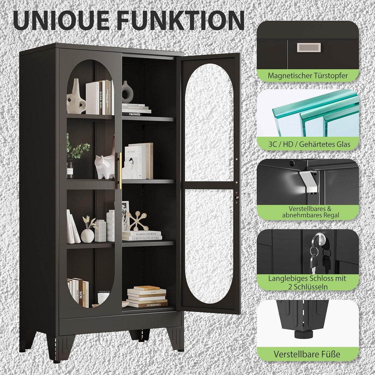 Schließbarer Vitrinen-Schrank 155cm – Glastür & 3 Regale