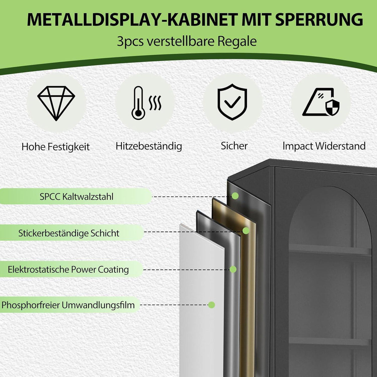 Schließbarer Vitrinen-Schrank 155cm – Glastür & 3 Regale