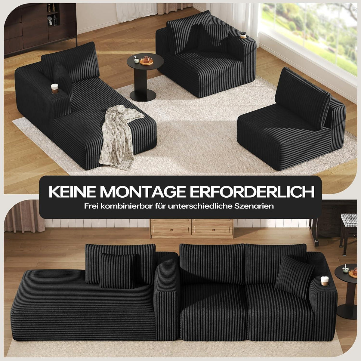 Modulares Cord Sofa mit Memory-Schaum & Getränkehalter – Ausziehbar
