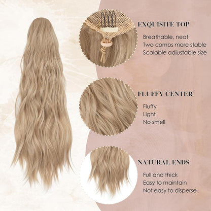 Gewellter Pferdeschwanz-Clip, Aschblond-Mix, 66 cm