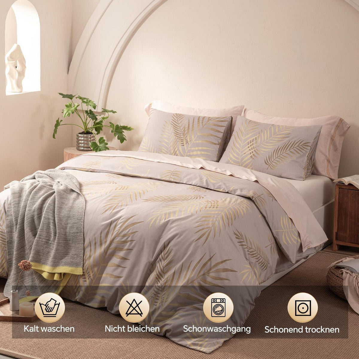 Mikrofaser Bettwäsche-Set 220x240 cm Beige Blätter-Design