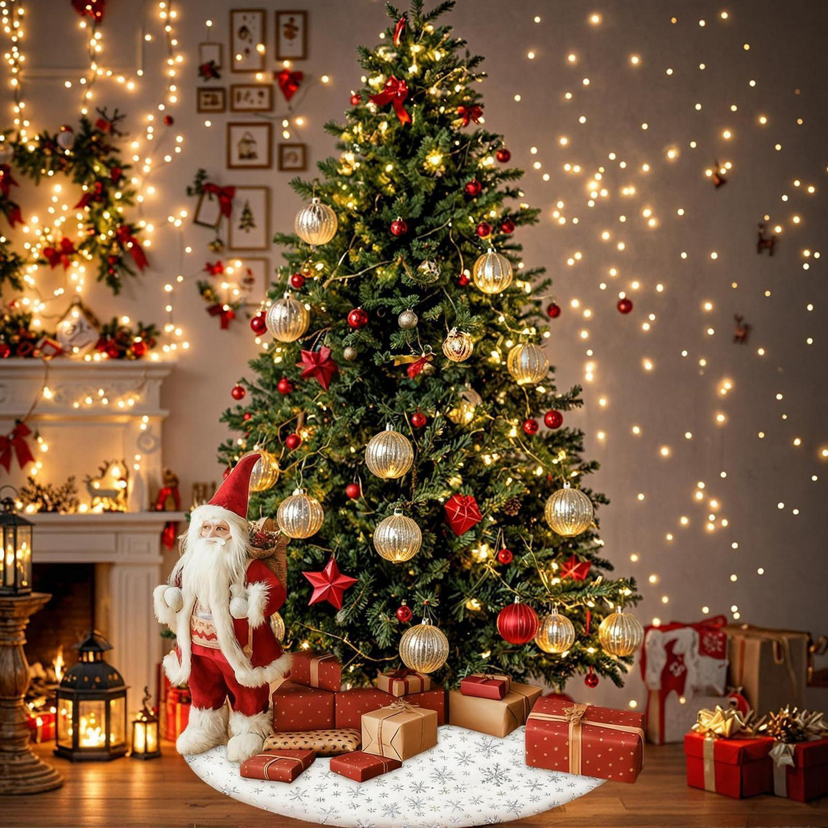Weihnachtsbaumdecke Weiß Kunstfell 120 cm mit Schneeflocken & 50 Anhängern