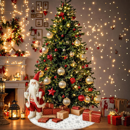 Weihnachtsbaumdecke Weiß Kunstfell 120 cm mit Schneeflocken & 50 Anhängern