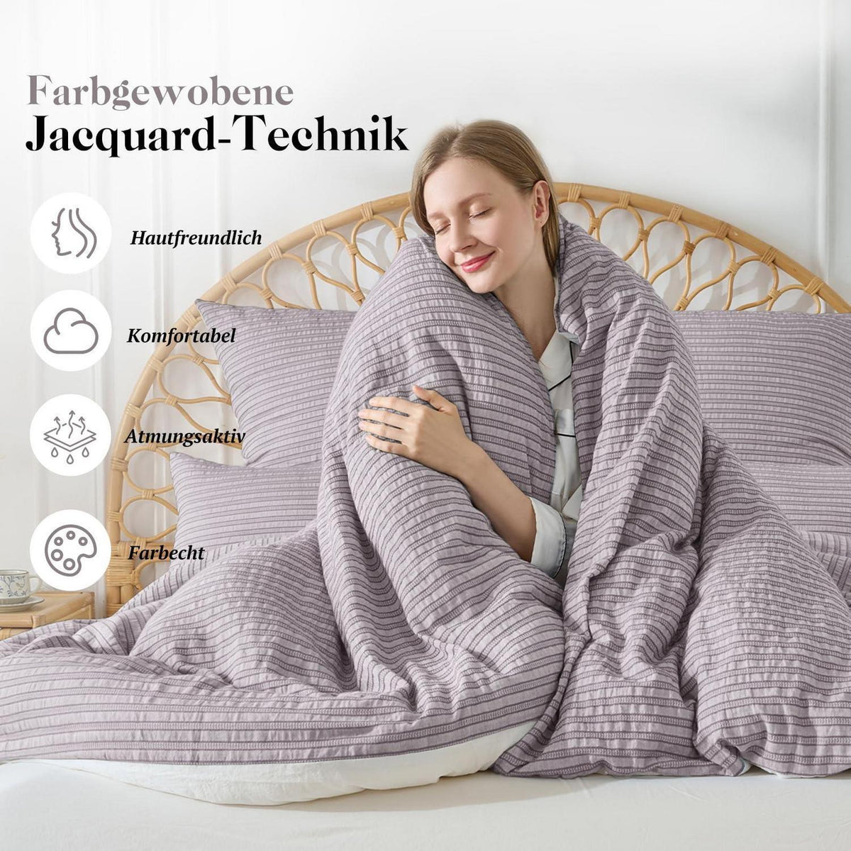 Bettwäsche-Set 135x200 Baumwolle Violett 4tlg. Jacquard & Stone Washed