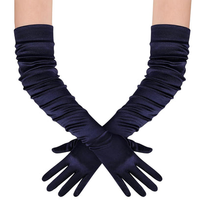 Lange Satinhandschuhe Damen Marineblau 70cm