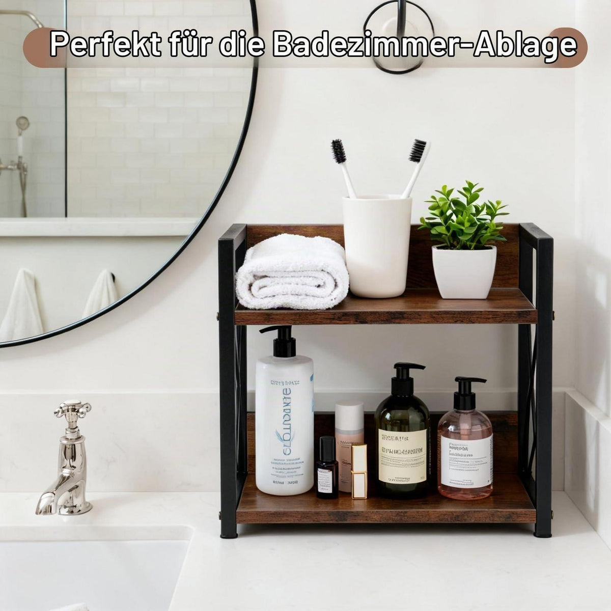 2-Tier Kaffee Tee Organizer mit Tassenhalter aus Holz & Eisen