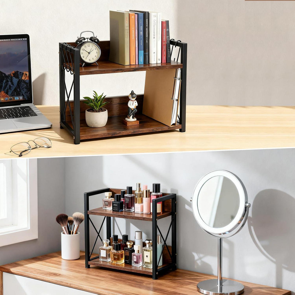 2-Tier Kaffee Tee Organizer mit Tassenhalter aus Holz & Eisen