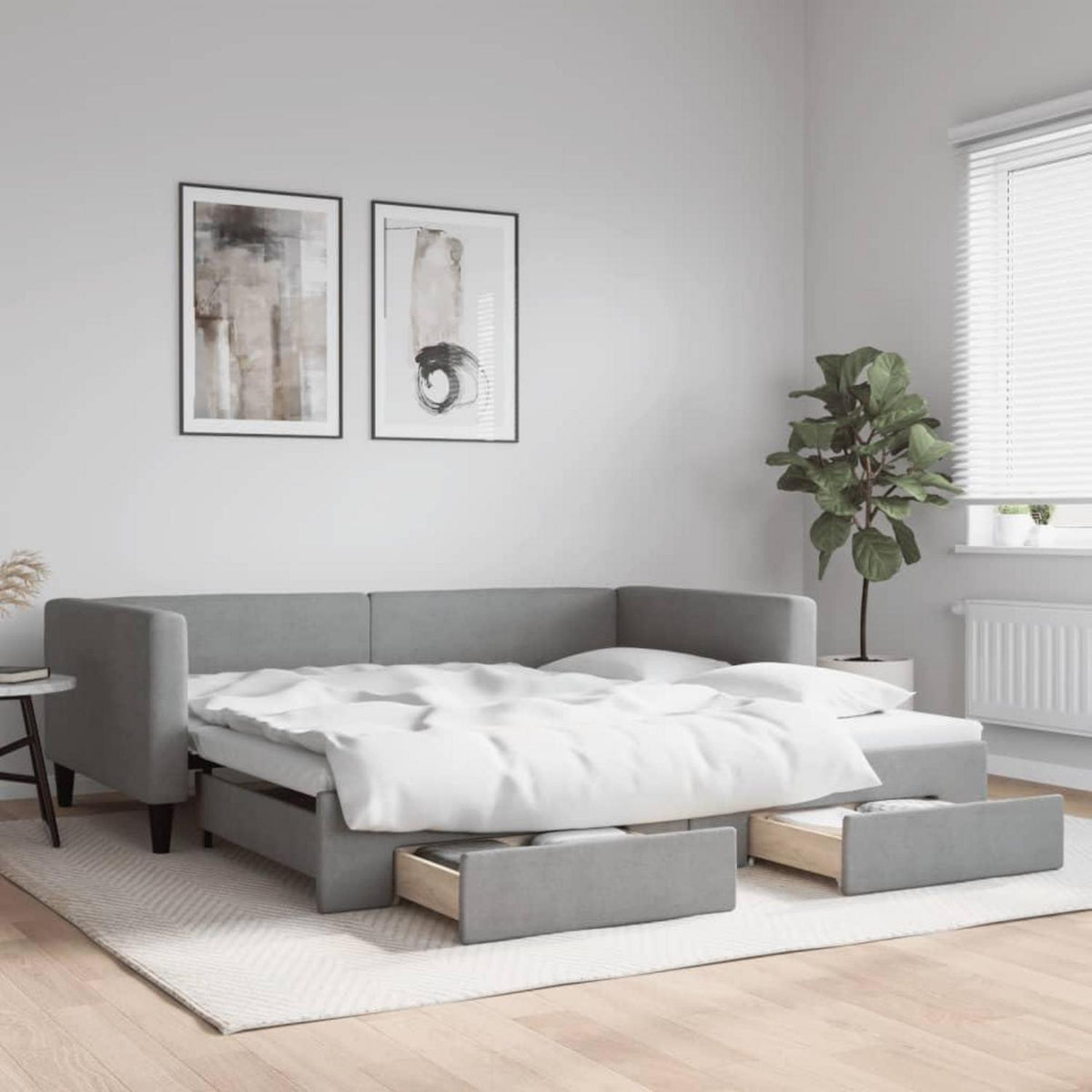 2-Sitzer Schlafsofa mit Bettkasten & Schublade – Hellgrau