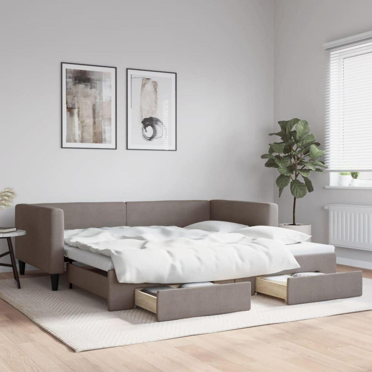 Tagesbett ausziehbar mit Schubladen – Schlafsofa 2-Sitzer Taupe