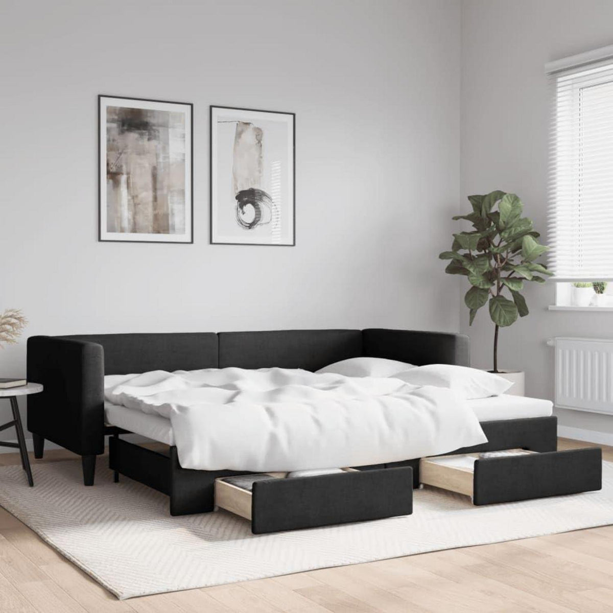 Schlafsofa 2-Sitzer Schwarz – Ausziehbett mit Bettkasten & Schublade