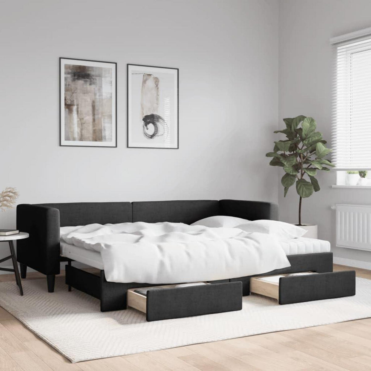 Schlafsofa 2-Sitzer Schwarz – Ausziehbett mit Bettkasten & Schublade