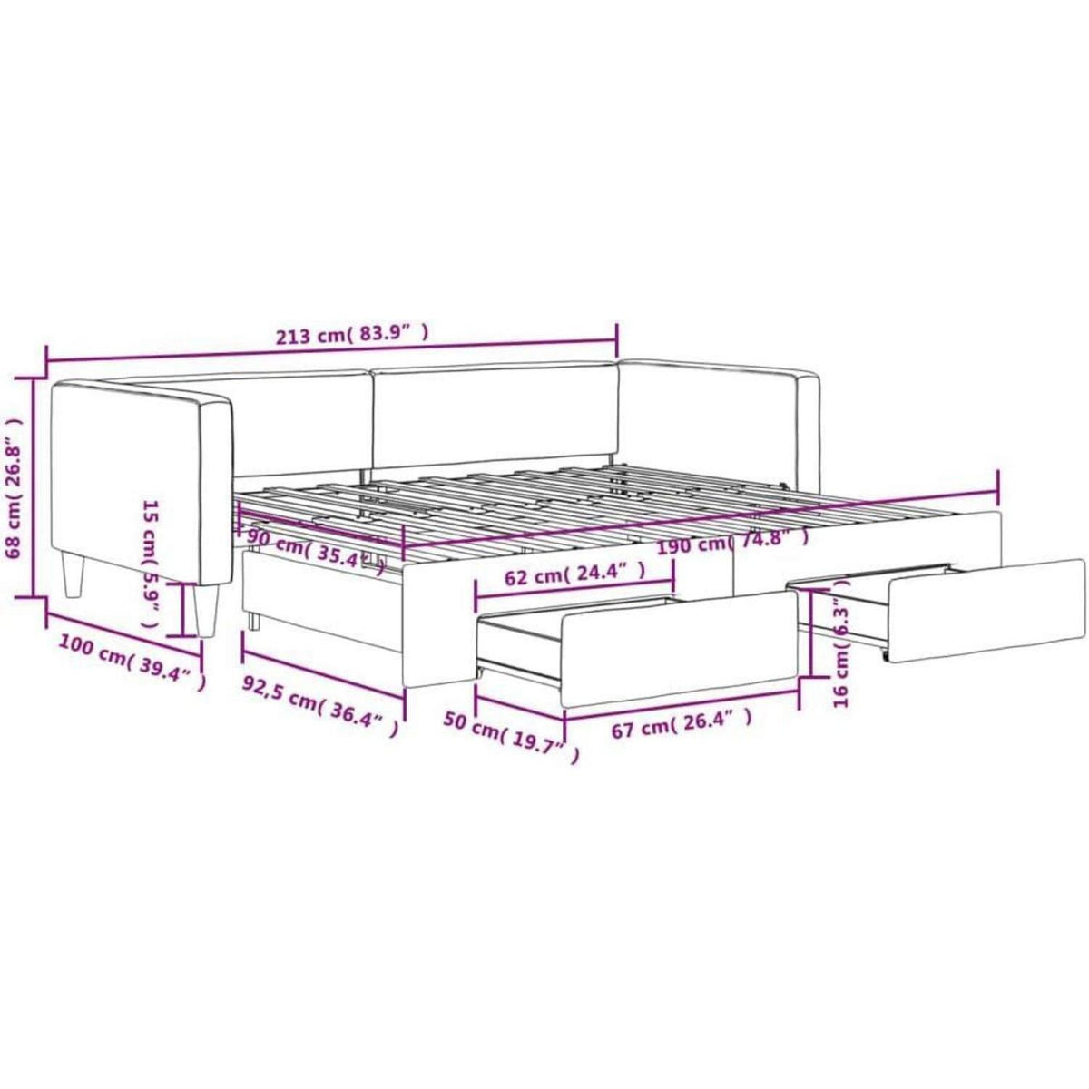 Tagesbett ausziehbar mit Schubladen – Schlafsofa 90x190 cm Dunkelgrau