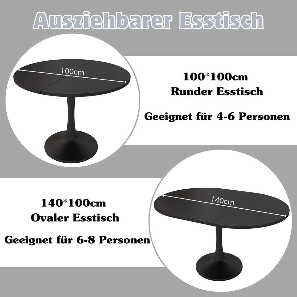 Runder Esstisch Ausziehbar Schwarz – 100/140x100cm