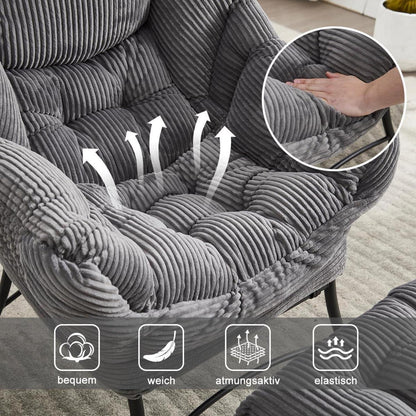 Moderner Ohrensessel mit Hocker & Seitentasche – Cord Grau