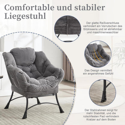 Moderner Ohrensessel mit Hocker & Seitentasche – Cord Grau