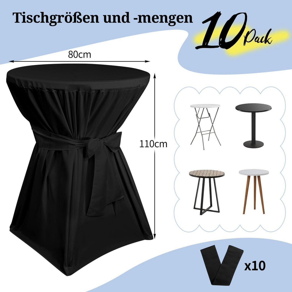 10 Stehtischhüllen Schwarz Ø80-85cm – Polyester mit Fußtaschen