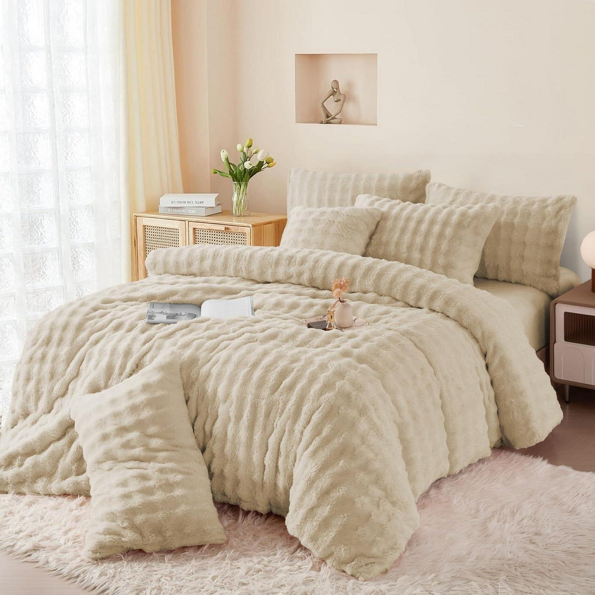 Langhaar Plüsch Bettwäsche Set 135x200 Beige - Winterwarm & Flauschig