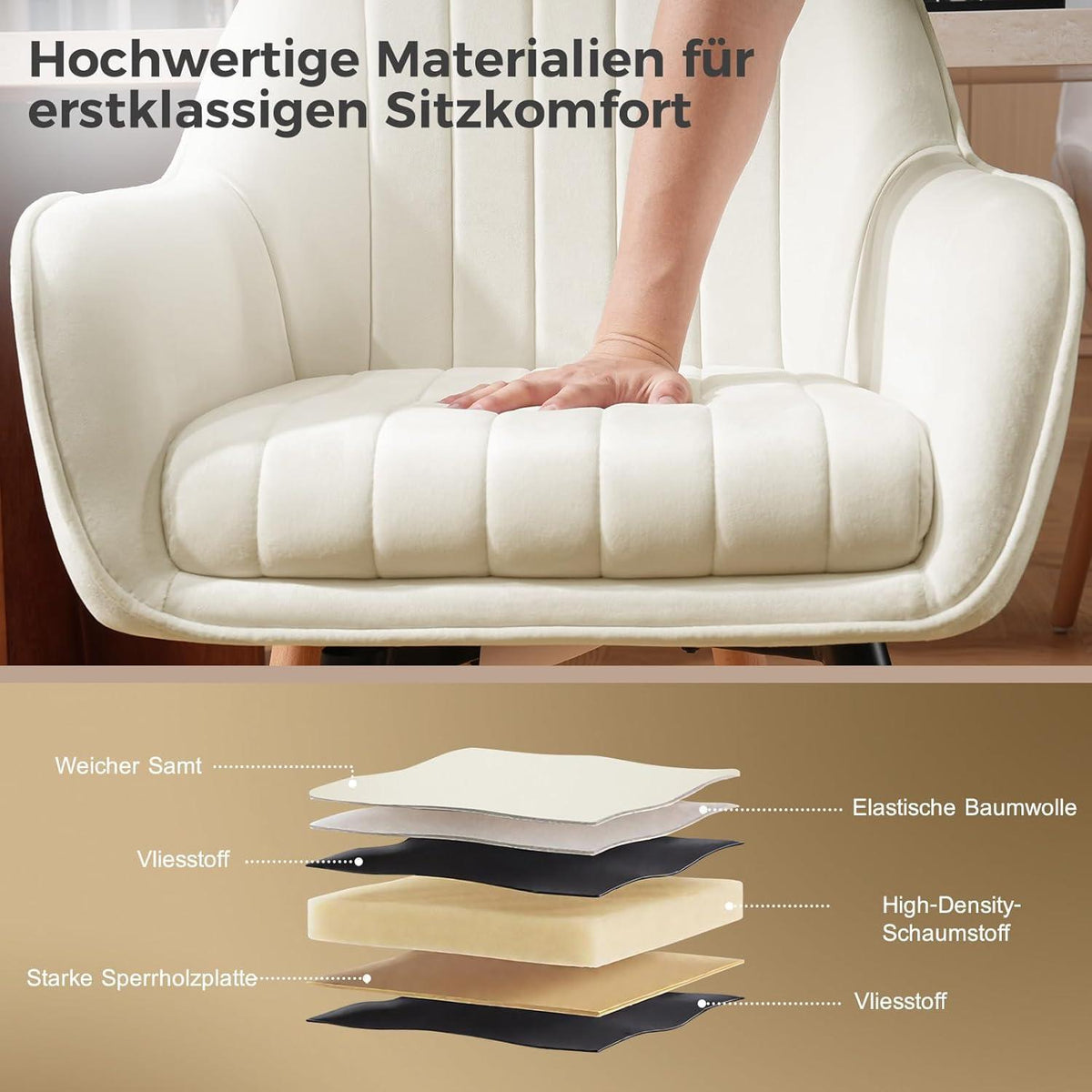 Drehbarer Esszimmerstuhl mit Samtbezug, Cremeweiß