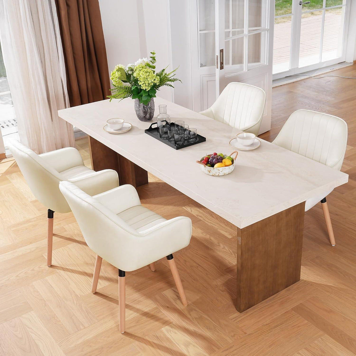 Cremeweiße Esszimmerstühle 4er Set, 360° drehbar & gepolstert