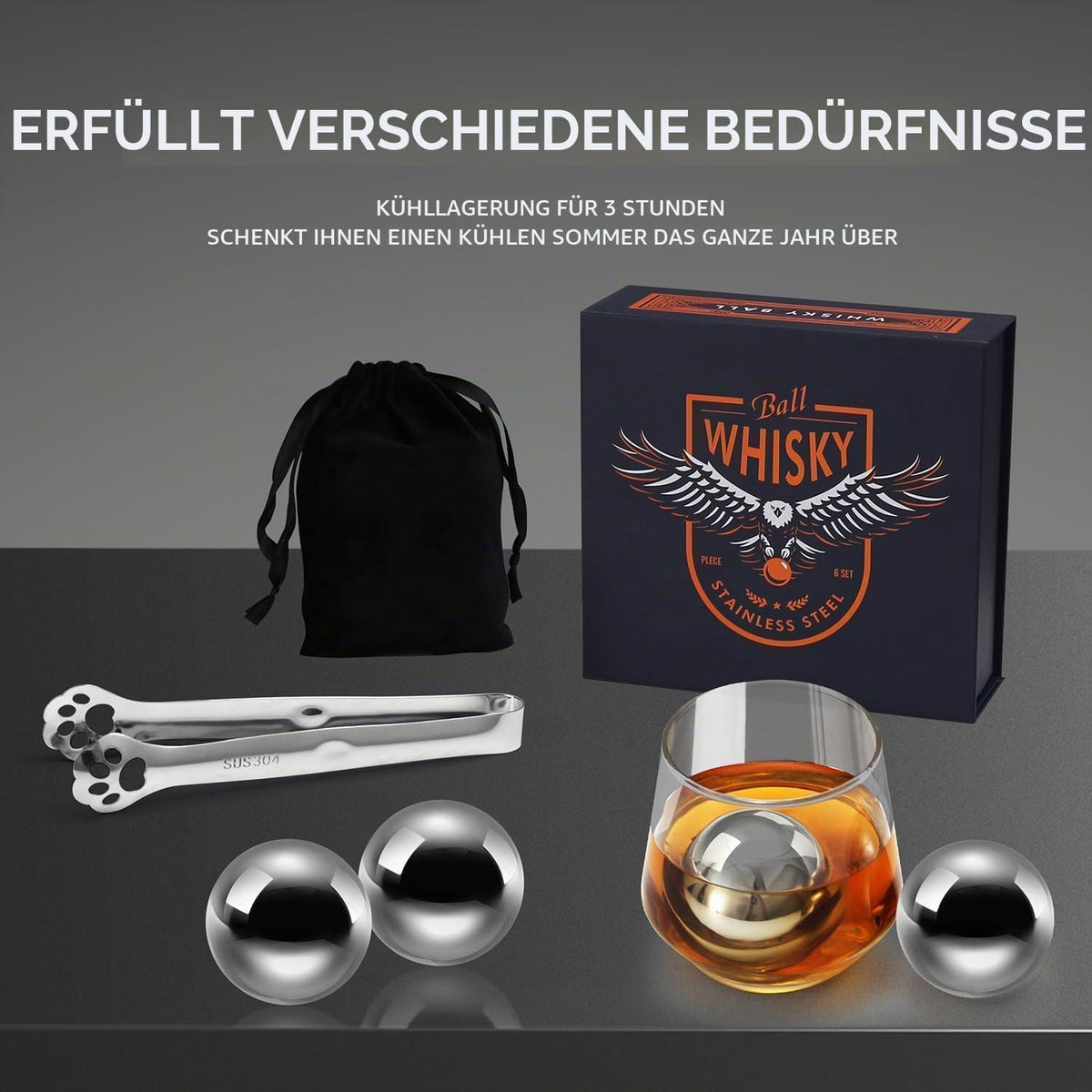 Edelstahl Whiskey Eiskugeln Set – 4er Pack, Rostfrei & Spülmaschinenfest