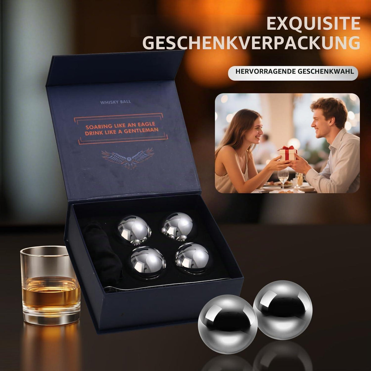 Edelstahl Whiskey Eiskugeln Set – 4er Pack, Rostfrei & Spülmaschinenfest