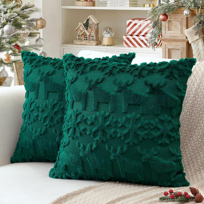 Weihnachtliche Kissenbezüge 50x50cm - 2er Set, Grün, Schneeflocken & Elch