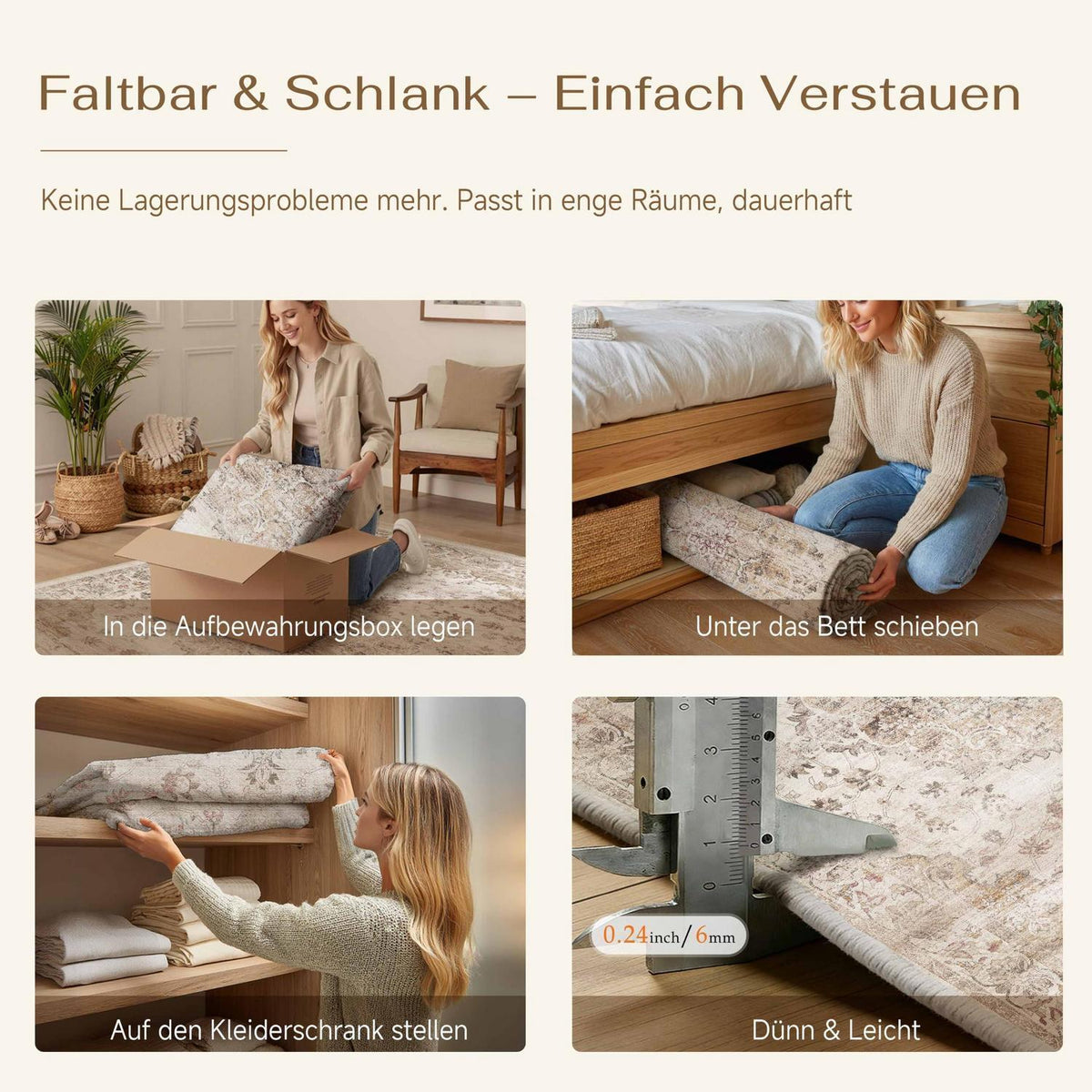 Waschbarer Läufer Beige 60x180cm – Rutschfest & Vintage Kurzflor
