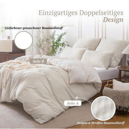 Bettwäsche-Set 135x200 Baumwolle Gestreift Beige & Grau 4tlg.