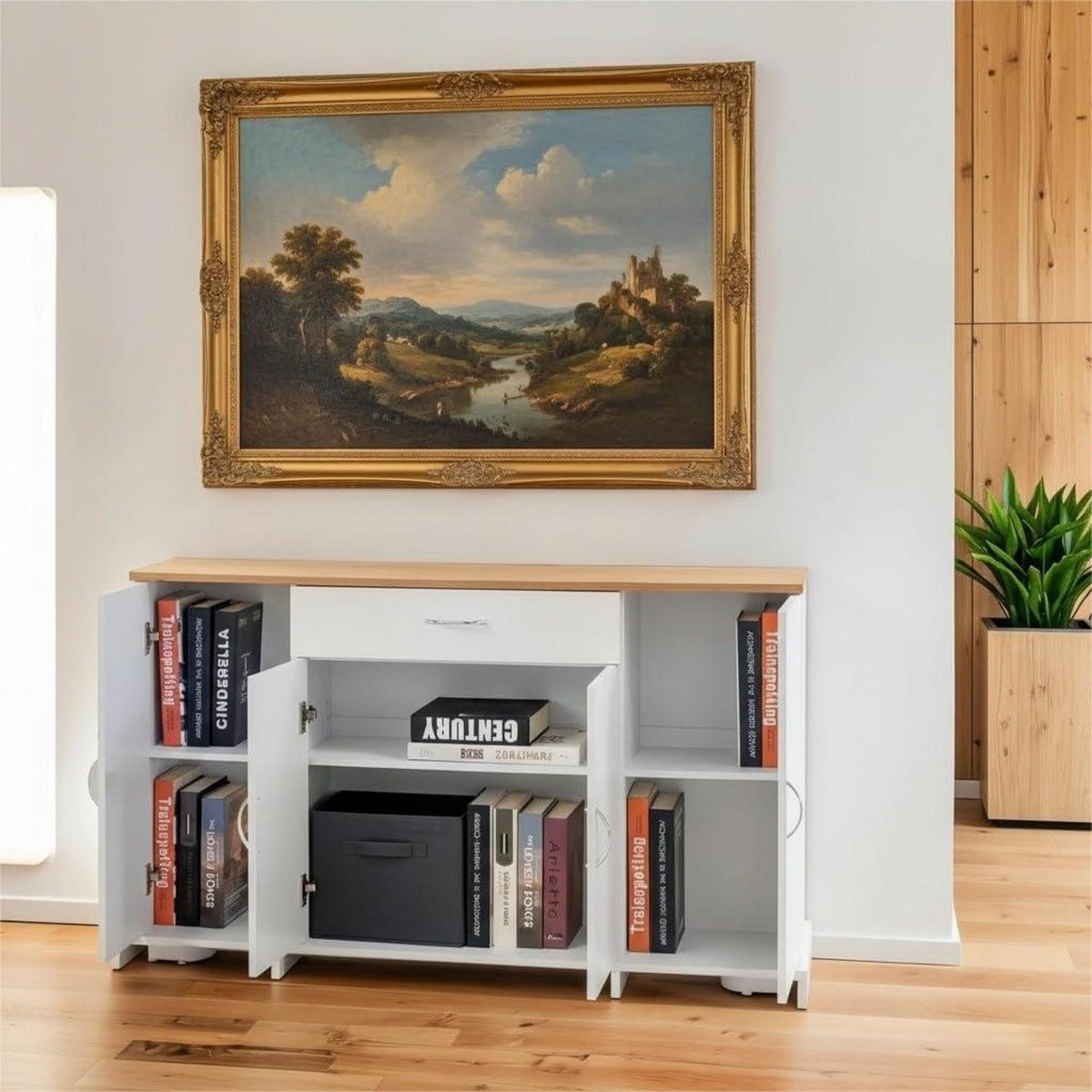 Weißes Sideboard Eiche Optik | 110cm Flurkommode mit Schublade