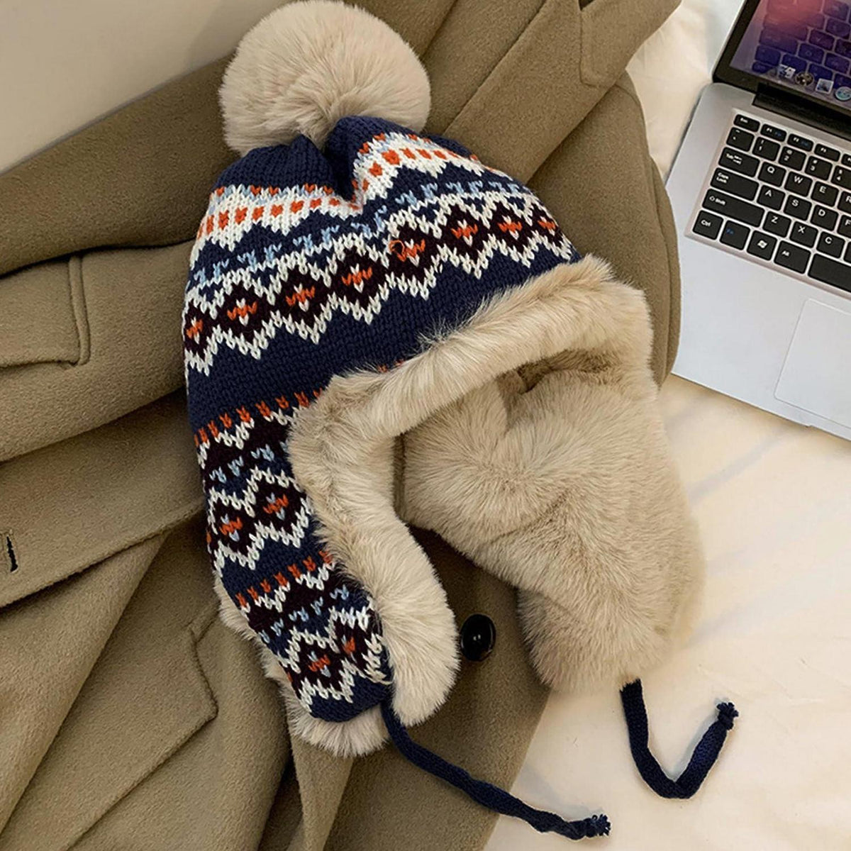 Trappermütze Damen Herren Warm Strickmütze mit Ohrenklappen
