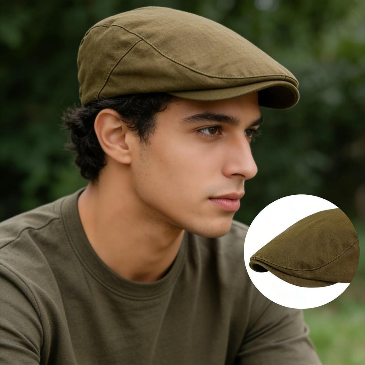 Baumwoll Schiebermütze Herren - Flatcap Newsboy Cap Armeegrün