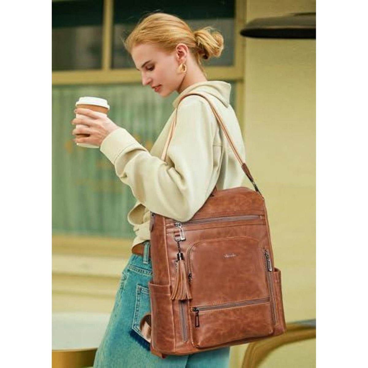 Rucksack Damen Laptopfach 15,6 Zoll Wasserdicht Business in Lederoptik