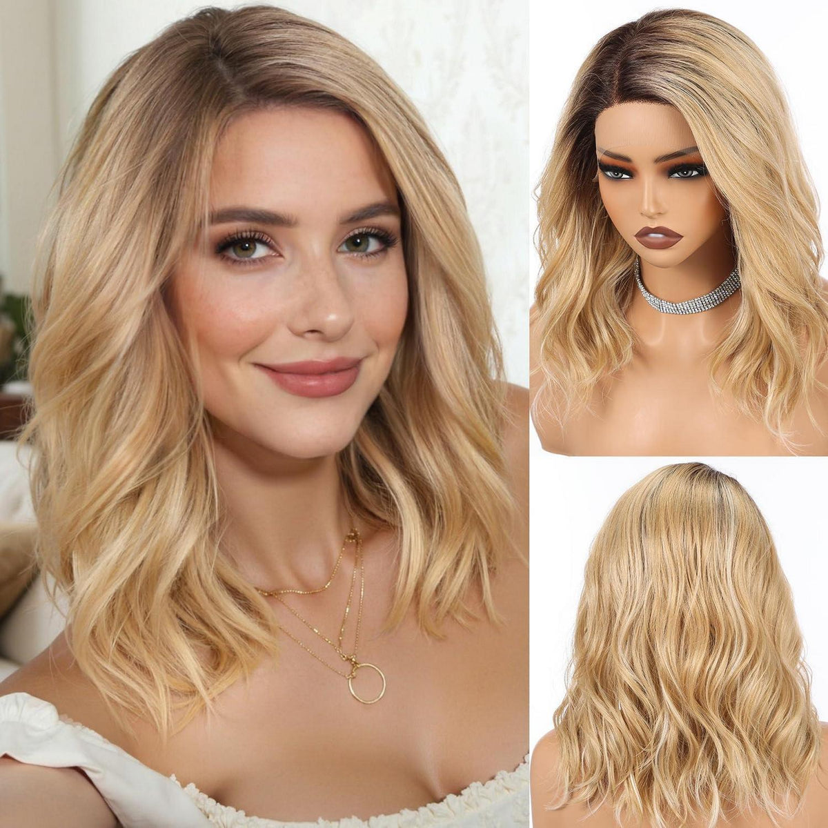 Synthetische T-Lace Perücke, Schulterlang, Goldblond, Klebefrei
