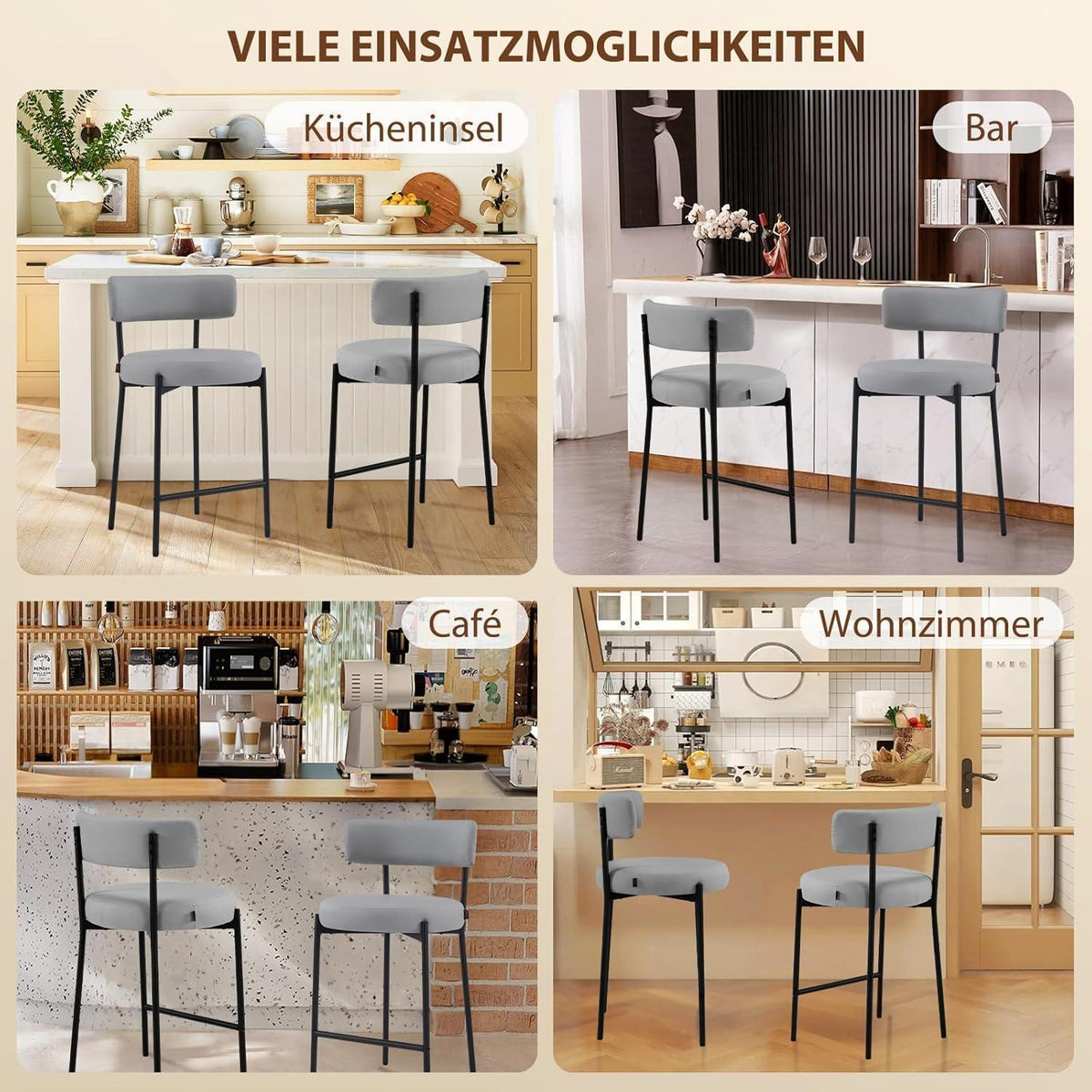 Barhocker Set 4er Grau – Gepolsterte Barstühle mit Rückenlehne