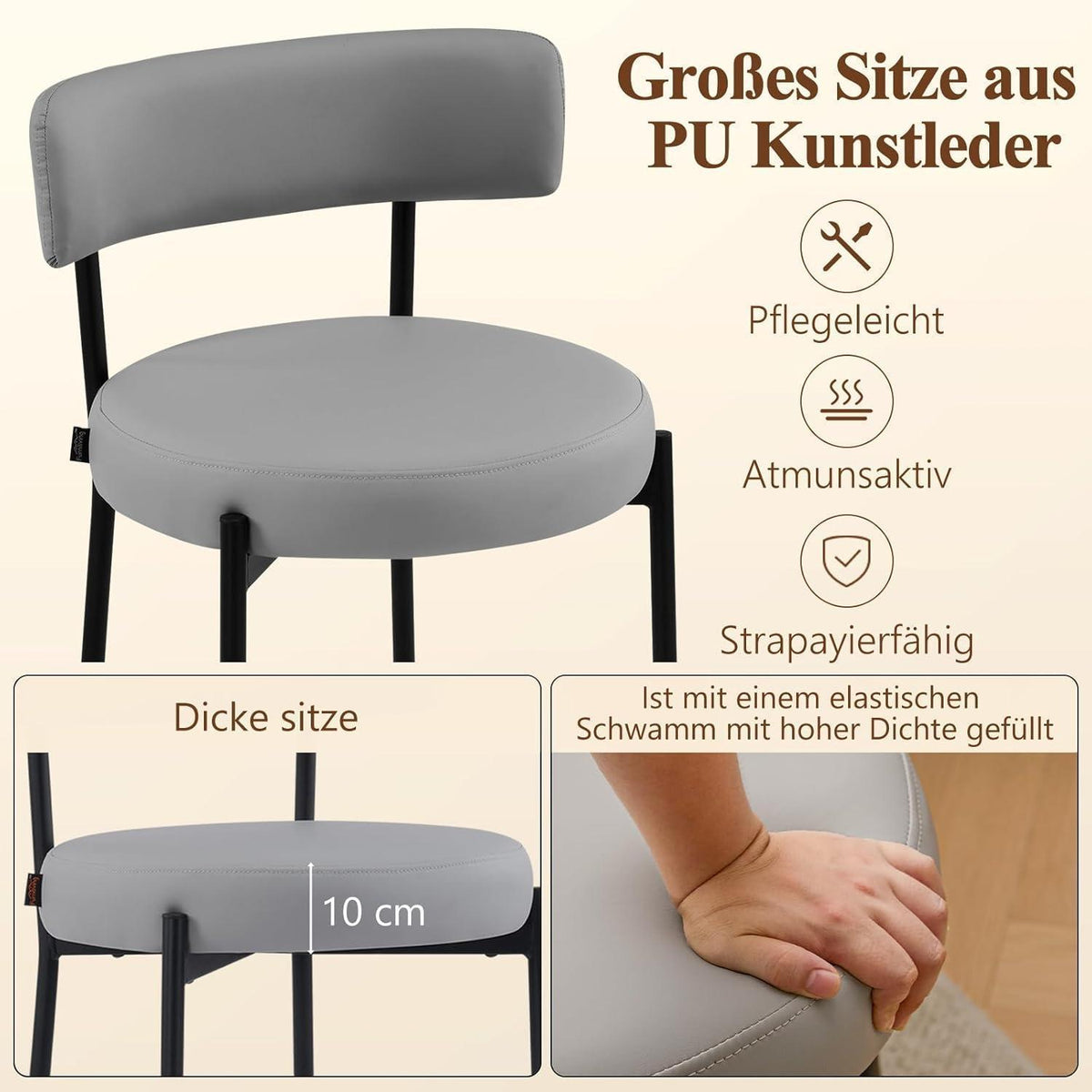 Barhocker Set 3er Grau – Gepolsterte Barstühle mit Rückenlehne