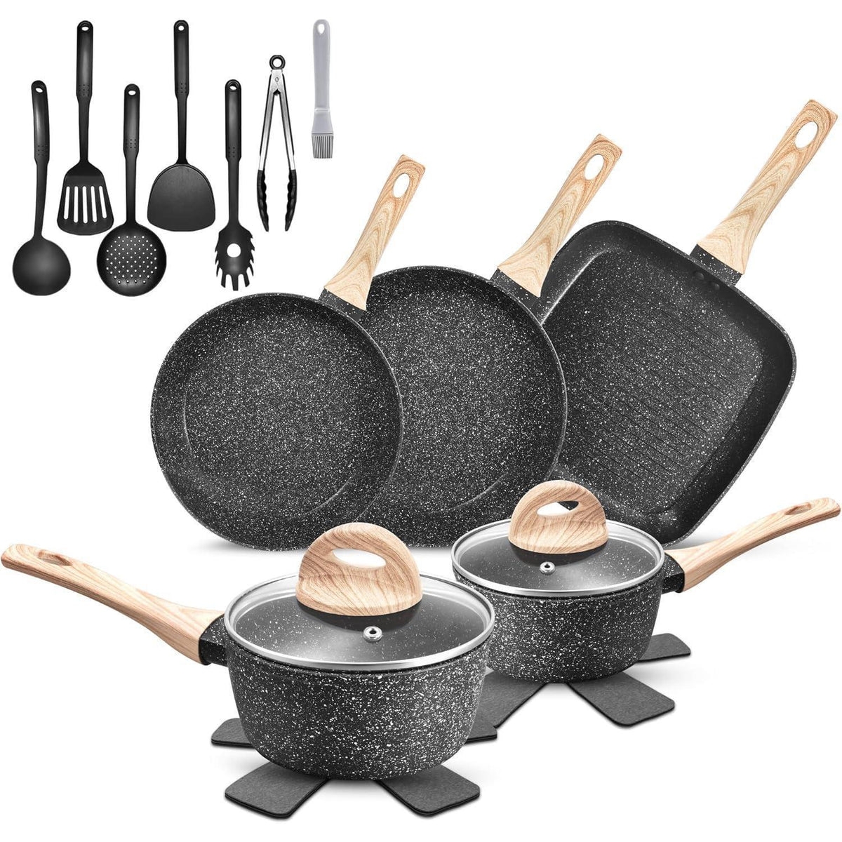 19-teiliges Induktions Topfset Schwarz Granit Antihaft