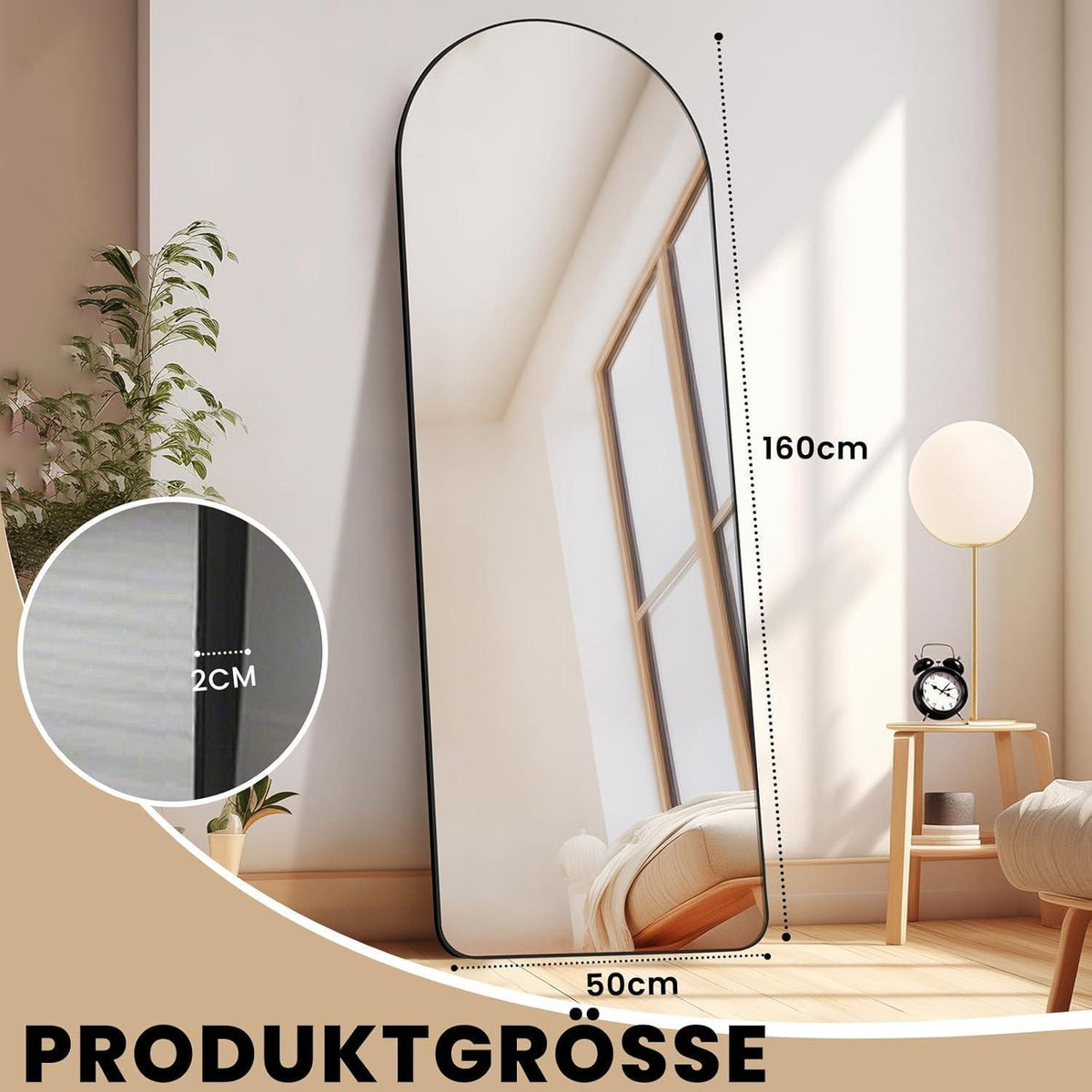 Ganzkörperspiegel Schwarz 160x50cm | Gehärtetes Glas, Modern