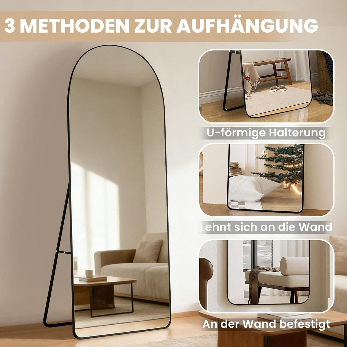 Ganzkörperspiegel Schwarz 160x50cm | Gehärtetes Glas, Modern